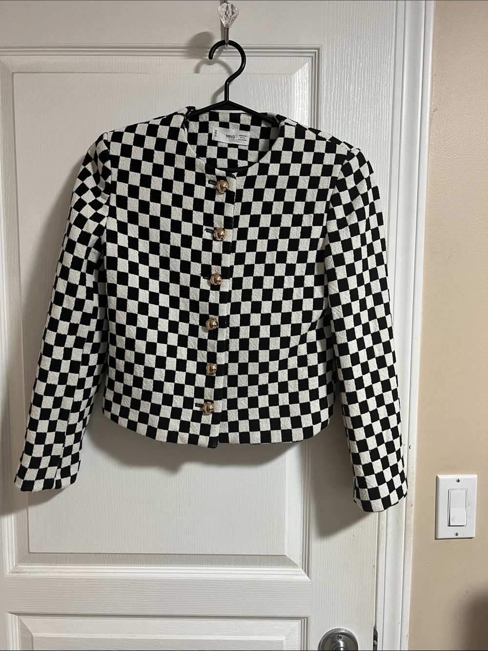 Mango Black & White Checkerboard Cropped Blazer with Gold Buttons
